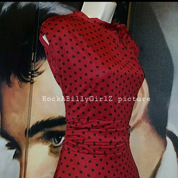 Lindy Bop Dottie Retro 1940's Red w Black Polka Dots Tea Dress w Tied Bow Collar - Picture 6 of 8
